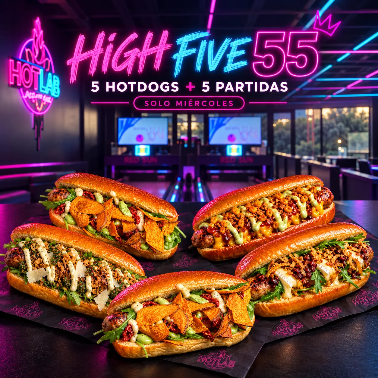 Combo High Five 55 de HOTLAB: 5 hotdogs de autor y 5 partidas de bolos