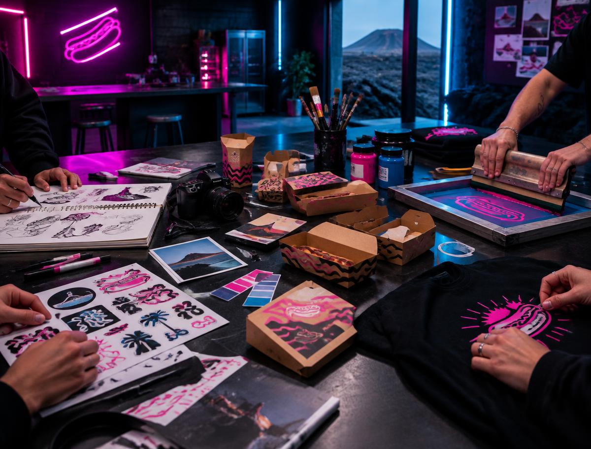 Mesa de trabajo con proyectos creativos y merchandising de HOTLAB